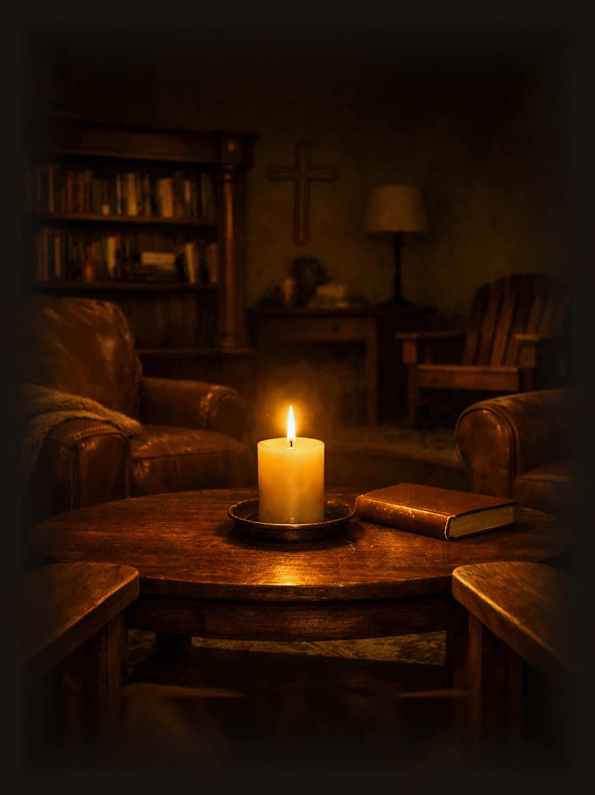 A single lit candle on a wooden table in a quiet, lamplit living room at night.