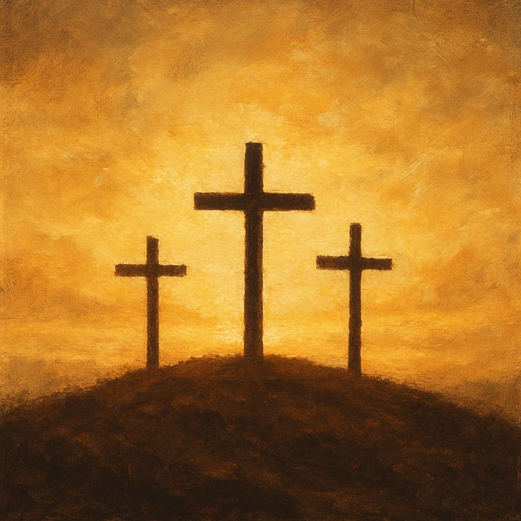 Warm painterly photo-art of three crosses at dawn, made by Tom